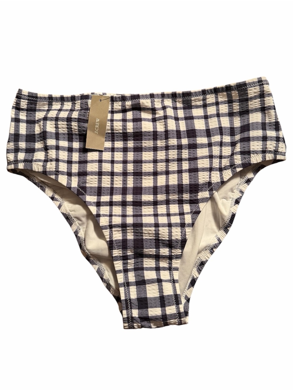 J. Crew High Waist Bikini Bottom Navy + White Marine Plaid Seersucker Small NWT